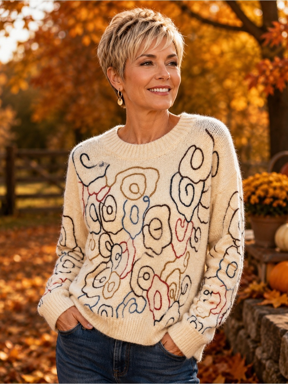 🆕❤️Cozy Cream Floral Outline Knit Sweater